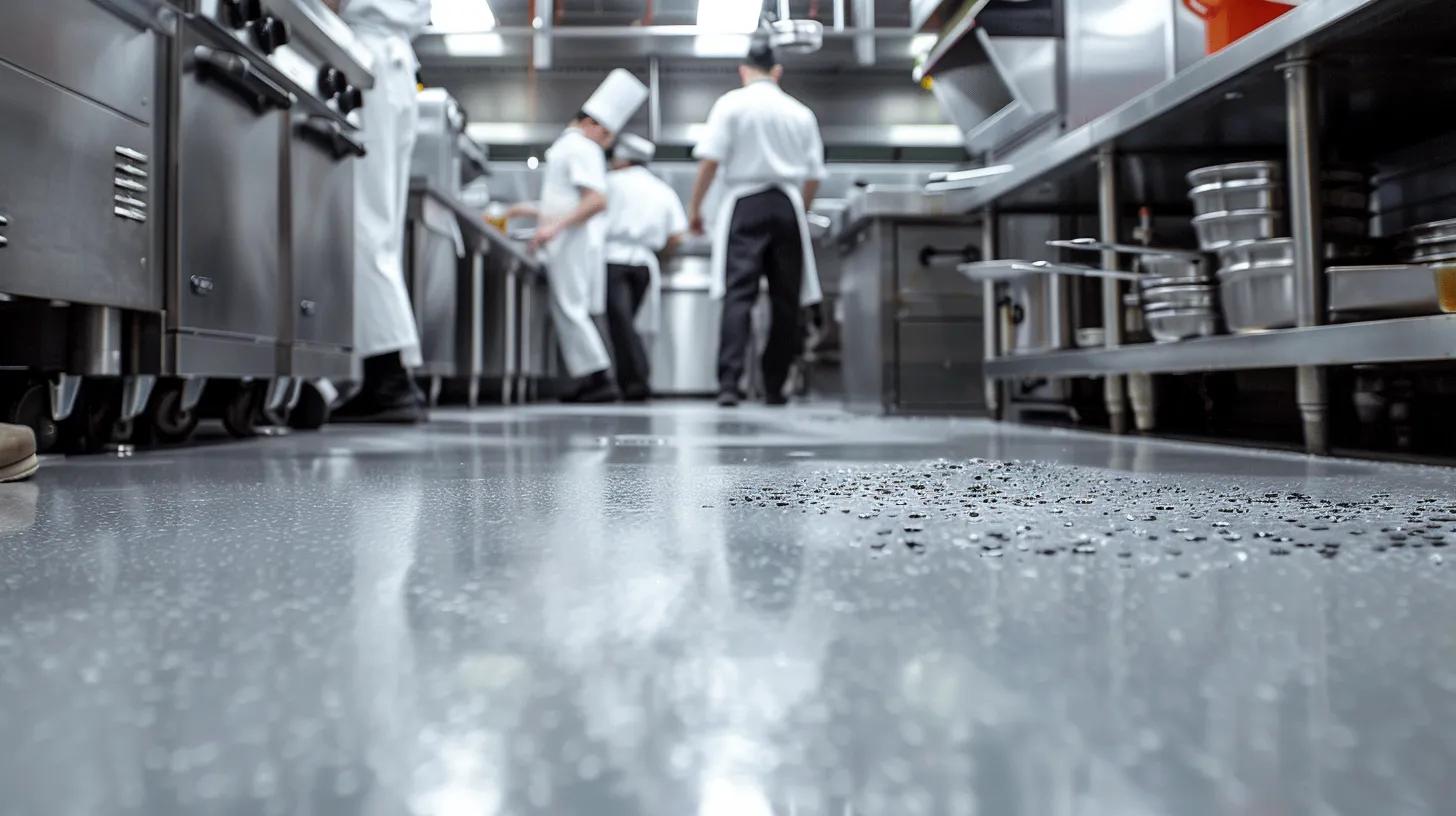 Close-up of slip-resistant epoxy flooring in a commercial kitchen highlighting safety features
